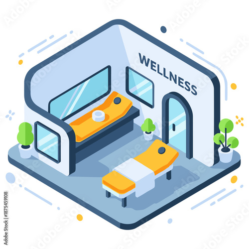 Isometric wellness center with massage tables and indoor plants