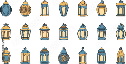 Collection of decorative lanterns in various shapes and sizes for festive decoration or ambiance