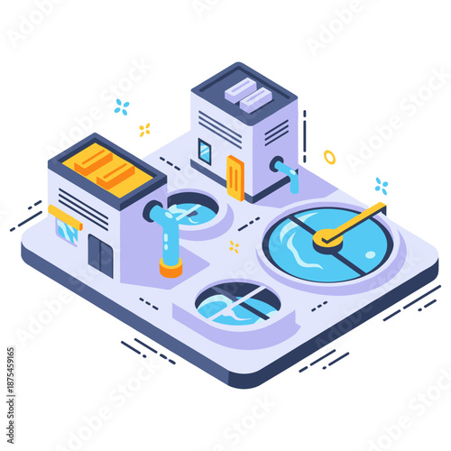 Isometric water treatment plant illustration with circular tanks and piping