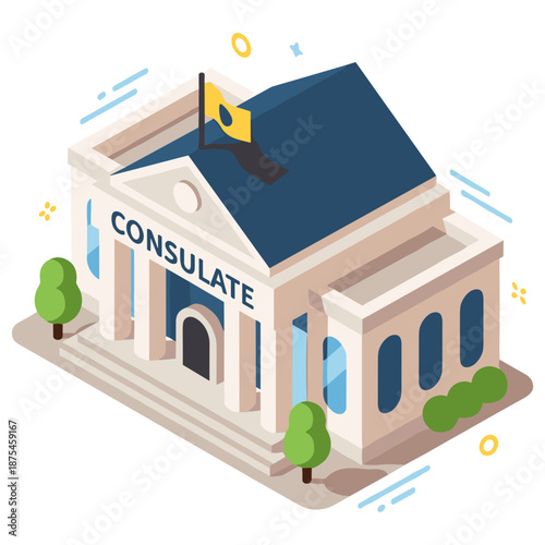 Isometric view of government consulate building with flag and trees