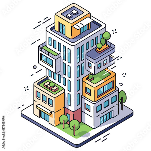 Modern urban apartment building with green roofs and balconies