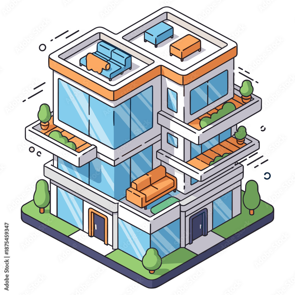 Obraz premium Modern isometric office building with minimalist design and outdoor spaces