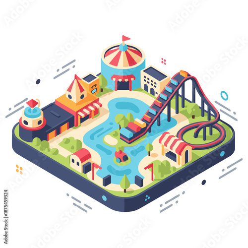Isometric amusement park with roller coaster and carnival elements