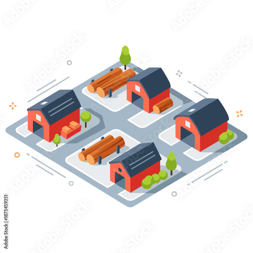 Isometric lumberyard scene with red barns and logs