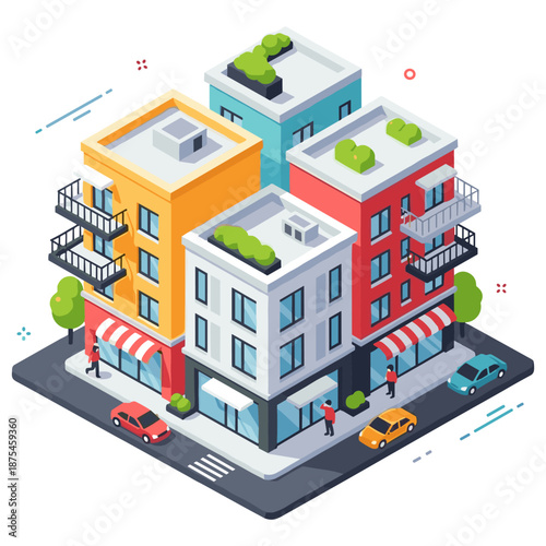 Colorful urban isometric buildings with green rooftops and street scene