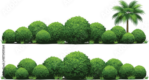 Garden shrubs and palm tree collection, flat vector illustration of green bushes for backyard landscaping, park design, and outdoor greenery.