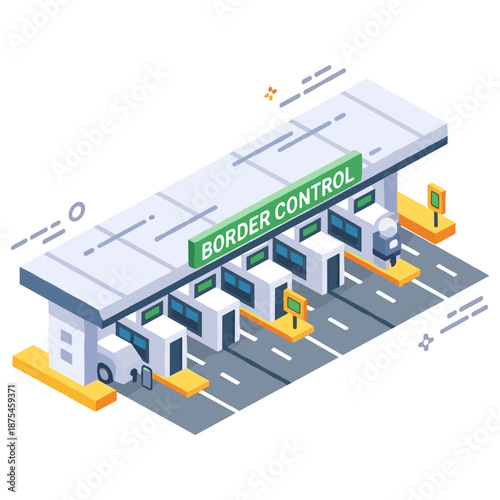 Isometric border control station illustration with vehicles and checkpoints