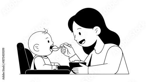 Flat vector of a mother feeding a baby with a spoon, baby eating healthy baby food, happy expression, modern flat design, rounded shapes