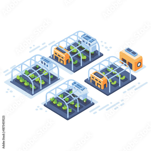 Isometric futuristic greenhouse farm with advanced hydroponics technology