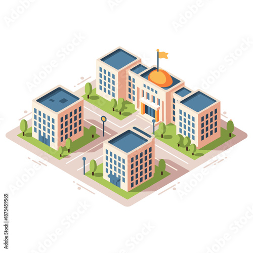 Isometric city scene with modern buildings and green spaces