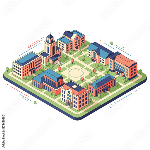 Cartoon style university campus map with modern buildings and green spaces