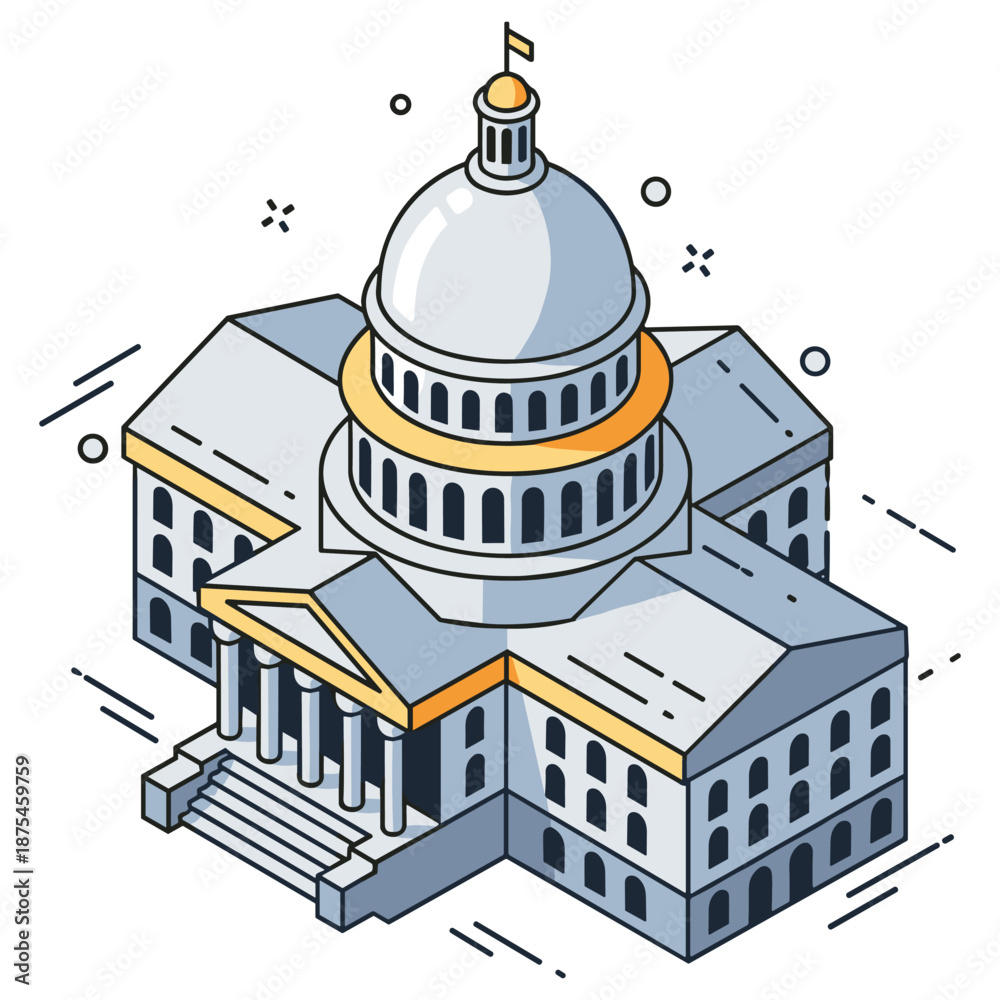 Obraz premium Isometric illustration of a government building with dome and columns