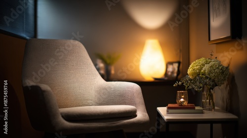 Therapy space illuminated by warm indirect light with dimmable features emphasizing a focal point in sharp detail against a blurred restful background.