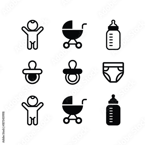 Baby care icons including strollers and baby bottles