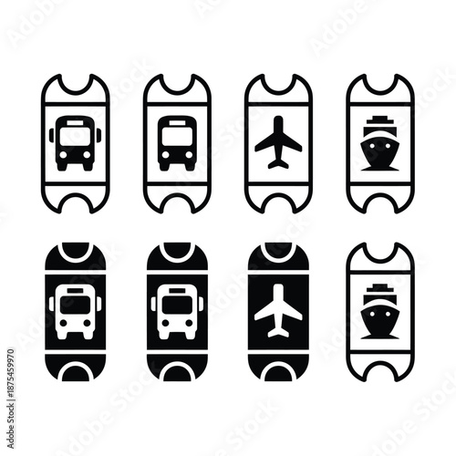 black and white icons of various transportation ticket types