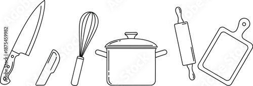 Simple black and white line art illustration showcasing essential cooking utensils including a sharp chef knife a whisk a pot a rolling pin and a cutting board.