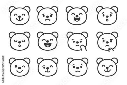 Cute Bear Emotions. Cute bear emotions. Line outline icon set of cute bear emotions: happy bear, sad bear,