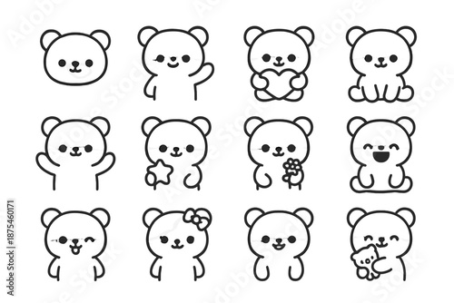Kawaii Bear Icons. Kawaii bears. Line outline icon set of kawaii bears: bear face, bear waving, bear holding