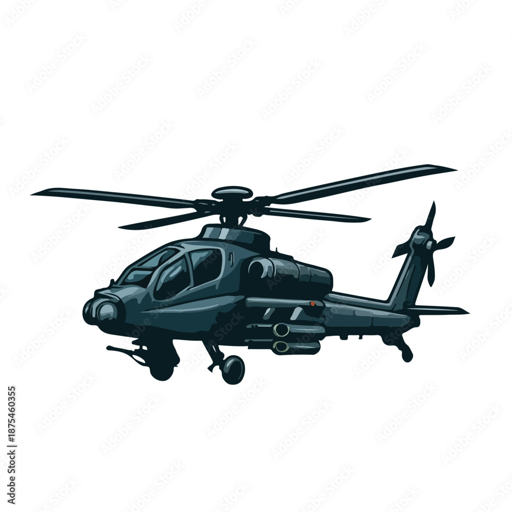 Fototapeta premium Stealth-style military helicopter illustration in dark gray color. Modern combat aircraft concept for special operations, defense missions, and air force use. Isolated on white background.