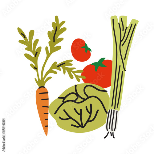 Hand drawn cartoon vegetables and salad. Healthy organic food. Tomato, carrot, leek, lettuce. Farm and growing plants and products concept. Vector flat illustration