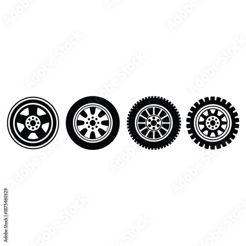 four different types of wheels and tires in a row