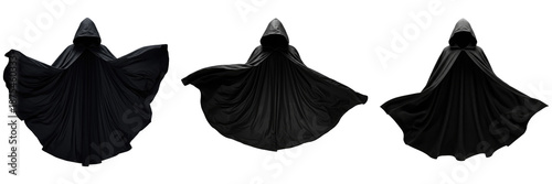 Flowing black hooded capes on transparent background