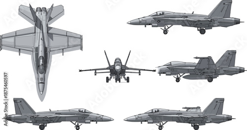 Military fighter jet aircraft blueprint views, modern combat plane top side front angles, aviation defense design, cad drawing flat vector illustration