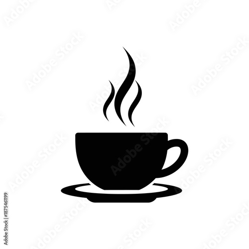 Black icon of steaming coffee cup and saucer, vector illustration, isolated on white
