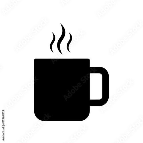 Black silhouette of a steaming coffee mug on a white background, simple icon