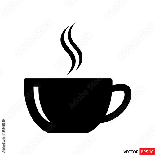 Black silhouette of a steaming coffee cup, white background, vector icon