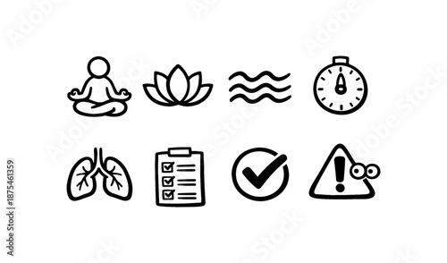 Collection of simple black and white icons representing health and wellness concepts