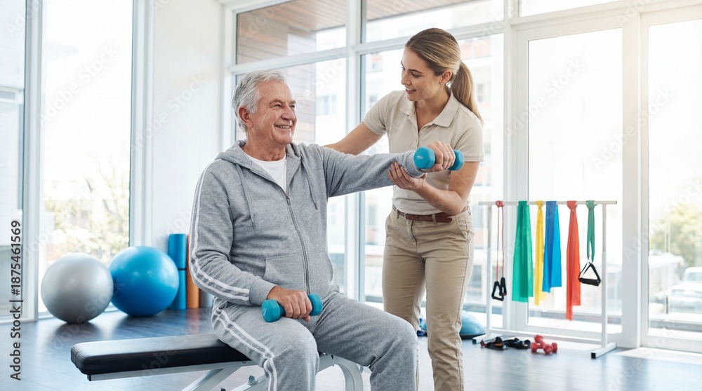 Fototapeta premium Senior man lifting dumbbells with female physical therapist in gym. Rehabilitation exercise for injury recovery. Healthy lifestyle