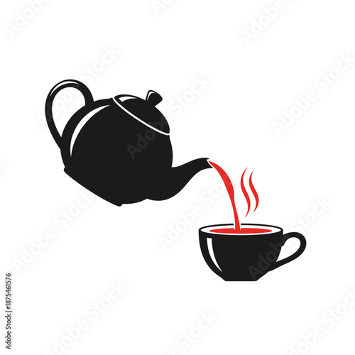 Black teapot pouring red liquid into a black cup with steam, isolated on white.