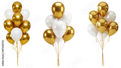 Set of three gold and white balloons isolated on transparent background
