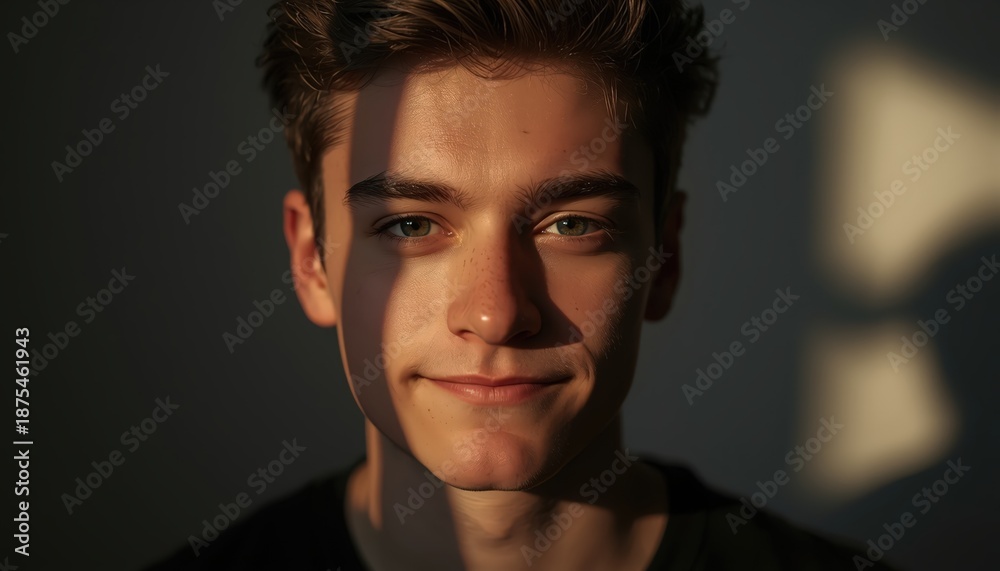 Fototapeta premium A young man with a subtle smile looking directly at the camera in a dimly lit room