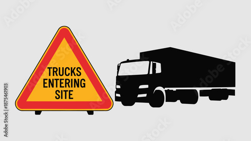 Trucks entering site warning sign with truck silhouette