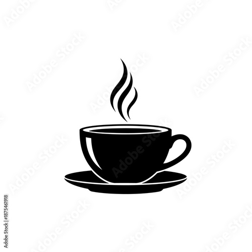 Black coffee cup with steam on saucer, simple vector illustration