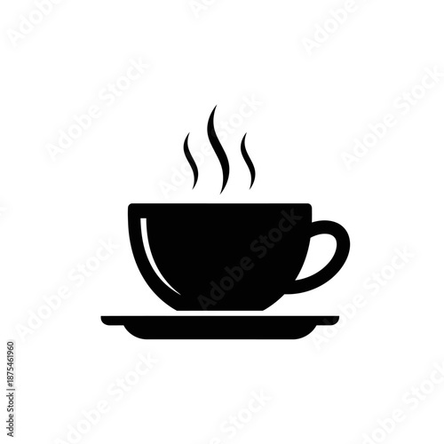 Black silhouette of a steaming coffee cup on a saucer, isolated on white background.