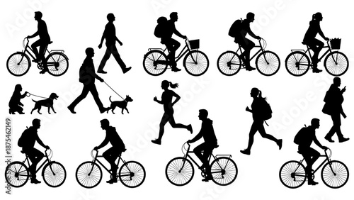 Silhouettes of Diverse People Walking, Running, and Cycling with Dogs on Isolated White Background