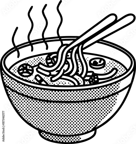 hot steaming bowl of noodle soup with chopsticks picking noodles