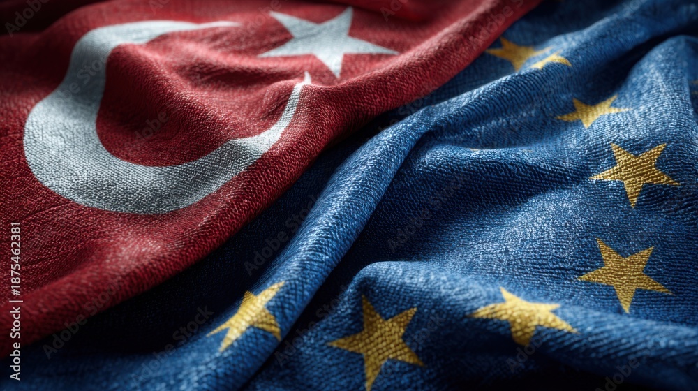 Fototapeta premium Turkish and European Union flags laid side by side, showing national symbols of Turkey and the EU in a close-up shot