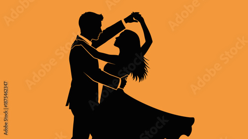 Silhouette of Dancing Couple on Orange Background, Elegant Romantic Evening Dance