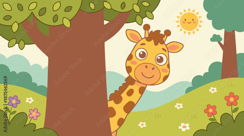 Naklejka premium Adorable cartoon giraffe peeking from behind a tree in a sunny meadow with flowers