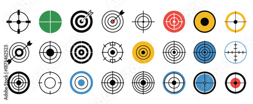 Target flat icons, colored targets in different styles, aim gun icons, sniper shoot icons, taking aim, shooting and precision concept vector illustration.