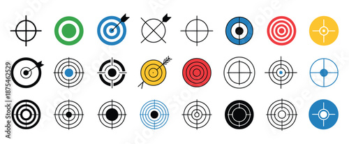 Target flat icons, colored targets in different styles, aim gun icons, sniper shoot icons, taking aim, shooting and precision concept vector illustration.