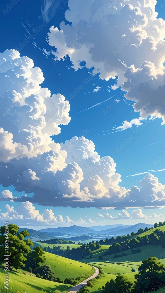 Fototapeta premium Scenic Landscape with Rolling Hills and Dramatic Sky.