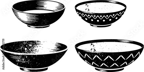 set of four engraved hand drawn bowls with decorative patterns, vintage kitchenware illustration