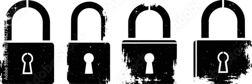 Black padlock icons in grunge with distressed textures on white background