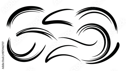 Set of dynamic black stylized brush strokes and abstract swoosh speed lines, isolated on a white background.