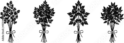 four black silhouette bouquets of different leafy herbs tied with string bows